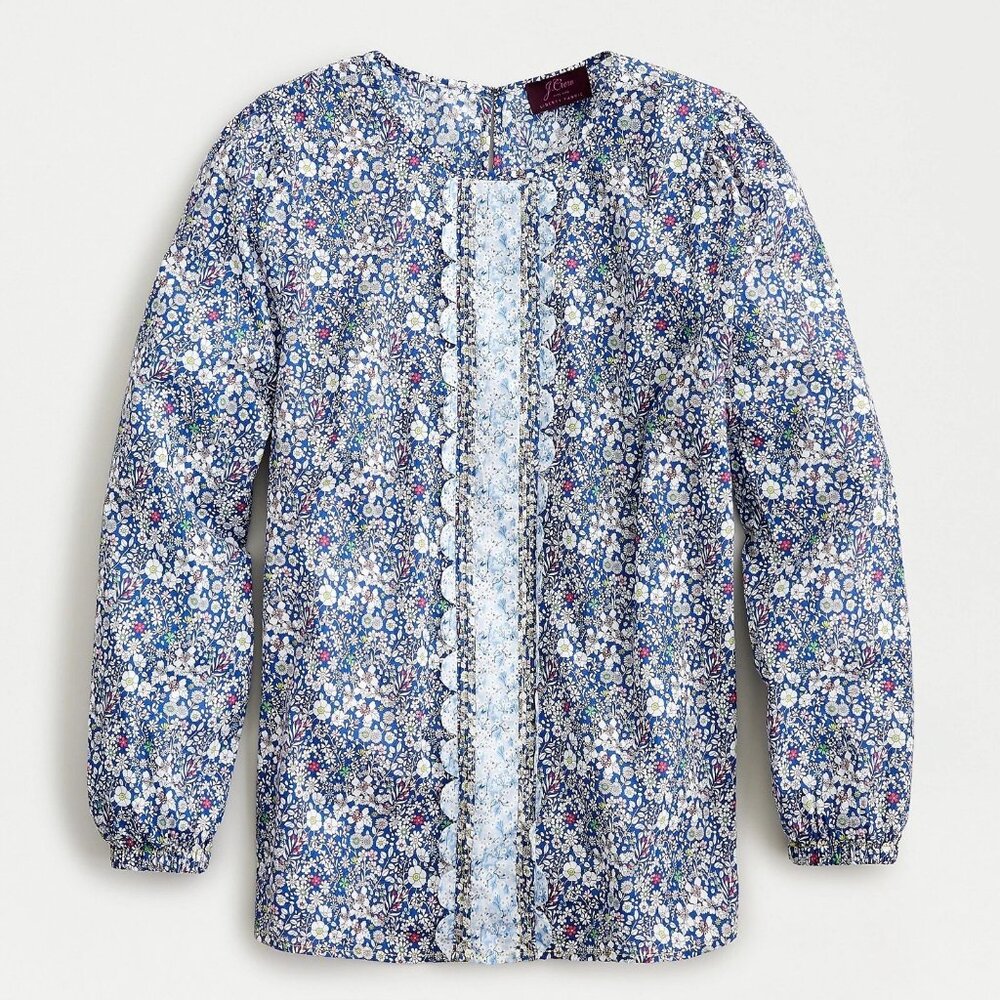 J. Crew Liberty Mix Floral Long Sleeve Scallop Blouse In Indigo Multi Size Small